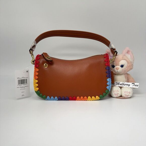 Coach Swinger Bag 20 With Rainbow Crochet Yarn Leather Handle Strap Zip Top NWT - Picture 1 of 11
